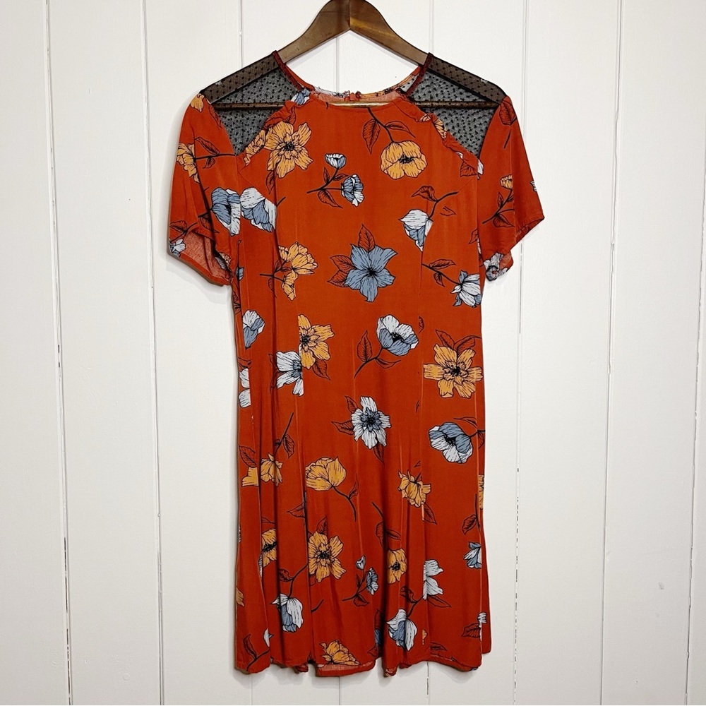 MINKPINK Orange Floral Midi Dress with Mesh Detail Sholders. Size Medium.